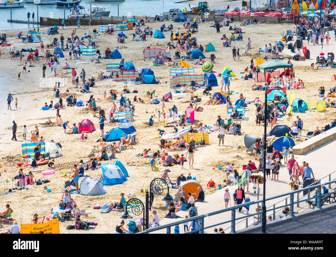 Lyme Regis, Dorset, Regno Unito. 19 agosto 2019. Regno Unito: Meteo Beachgoers e turisti affollano la spiaggia sabbiosa a pictureseque resort di Lyme Regis come un sole estivo torna dopo un fine settimana di pioggia e vento. Abbondanza di sole caldo e cielo blu sono previsioni meteo nella corsa fino a Ferragosto weekend. Credito: Celia McMahon/Alamy live news. Foto Stock