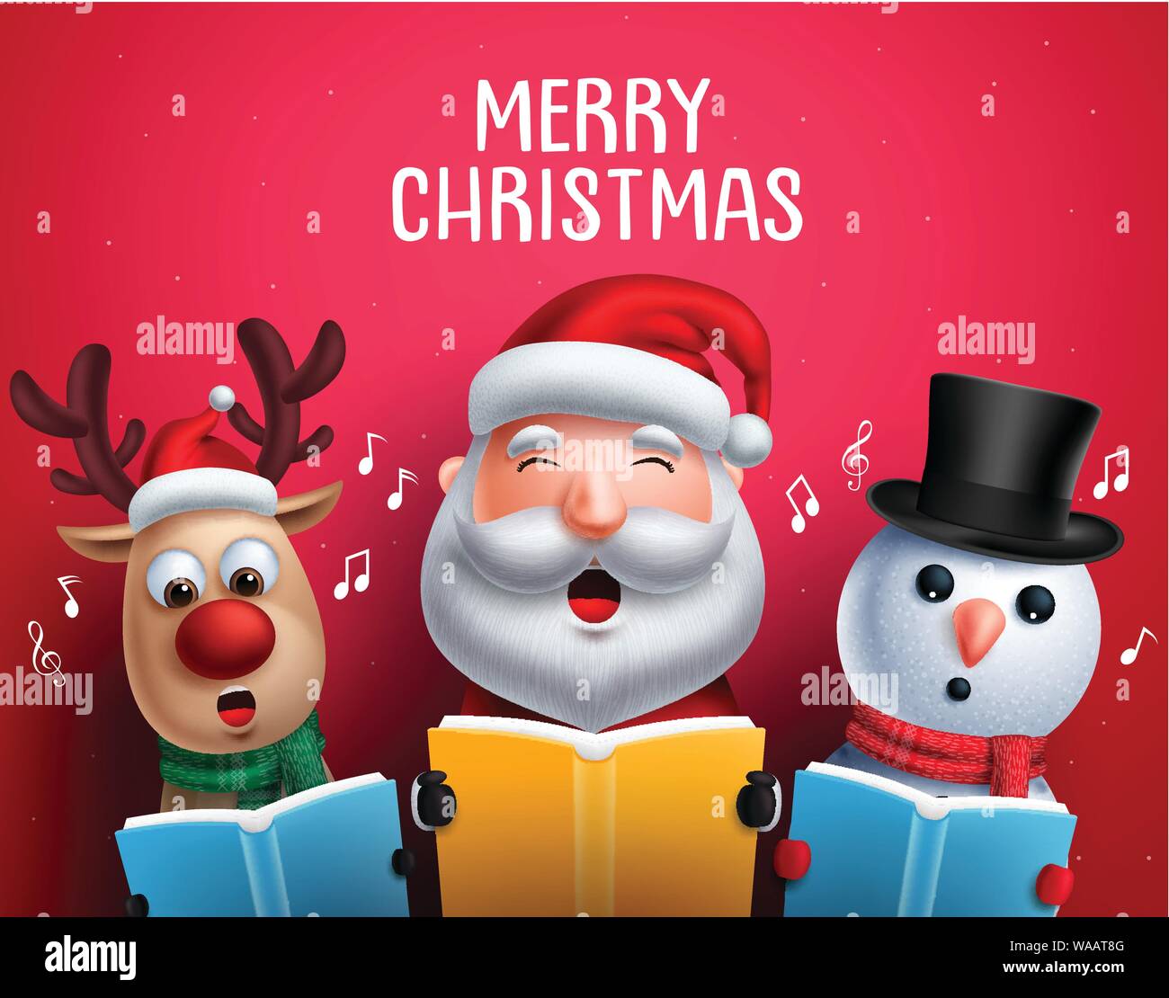 Vettore di Natale i caratteri come santa claus, la renna e il pupazzo di neve a cantare i canti natalizi holding song book per carolling in sfondo rosso. Vettore Illustrazione Vettoriale