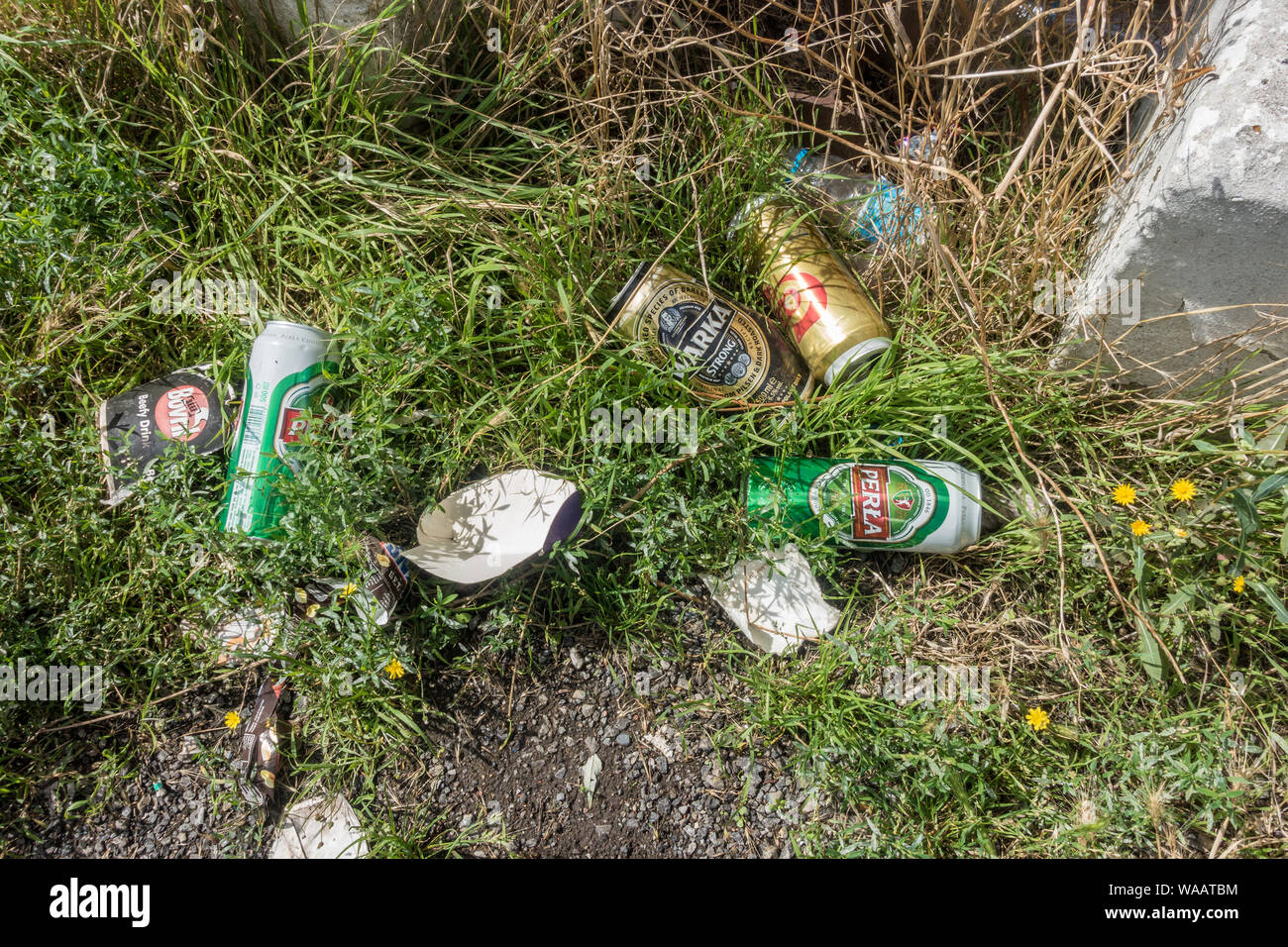 Vuoto packagign alimentare e lattine di birra a sinistra sul pavimento il littering del luogo. Una sporca obbrobrio. Foto Stock