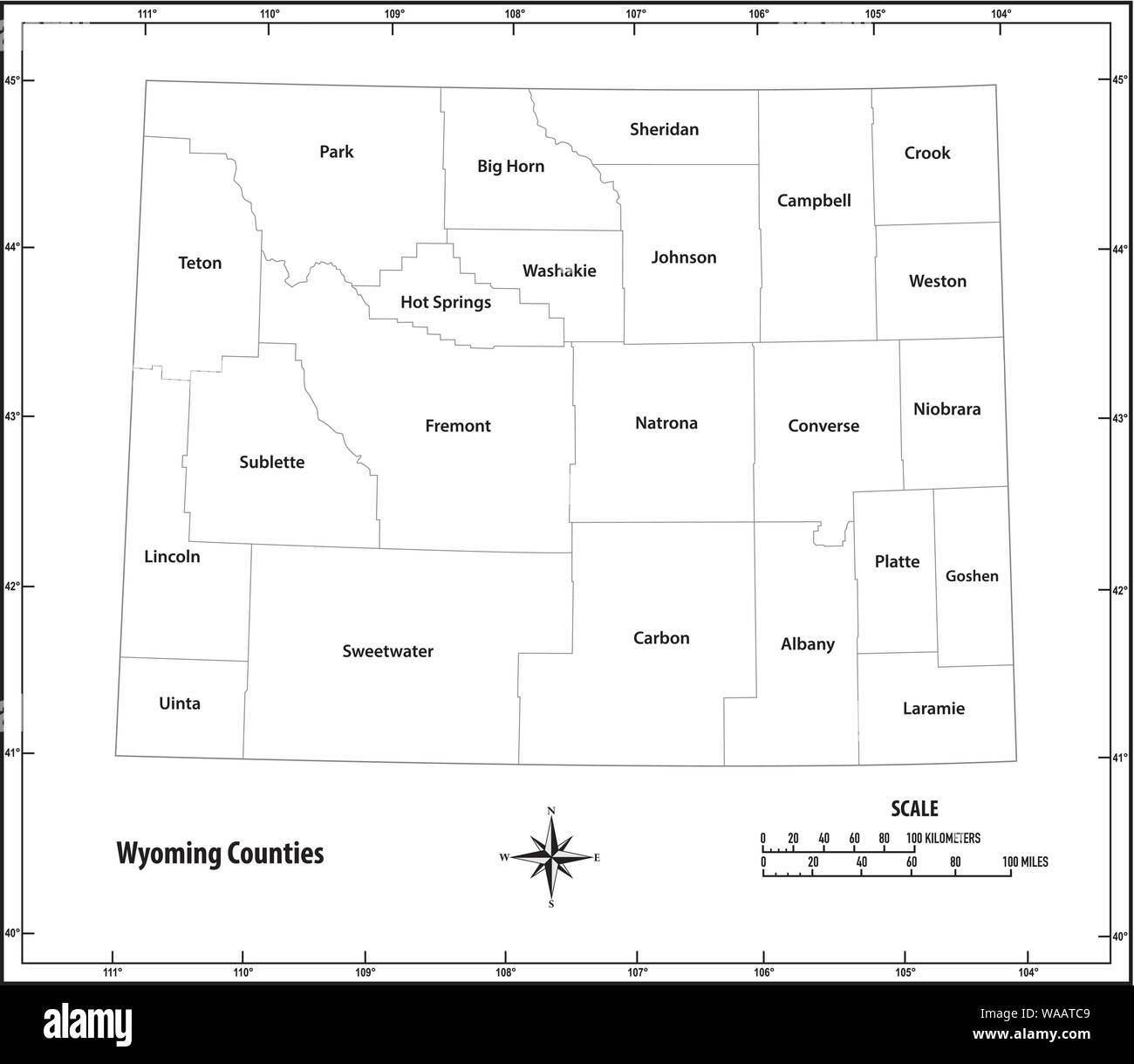 Stato del Wyoming delineare politica e amministrativa di mappa in bianco e nero Illustrazione Vettoriale