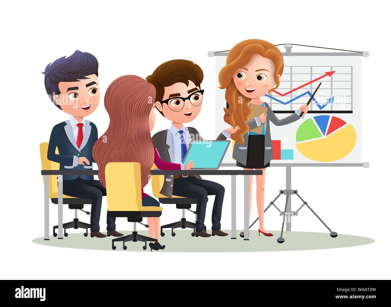 Carattere business office presentazione concetto vettoriale. Carattere Business sales manager presentazione una riunione con il dipendente in whiteboard. Illustrazione Vettoriale