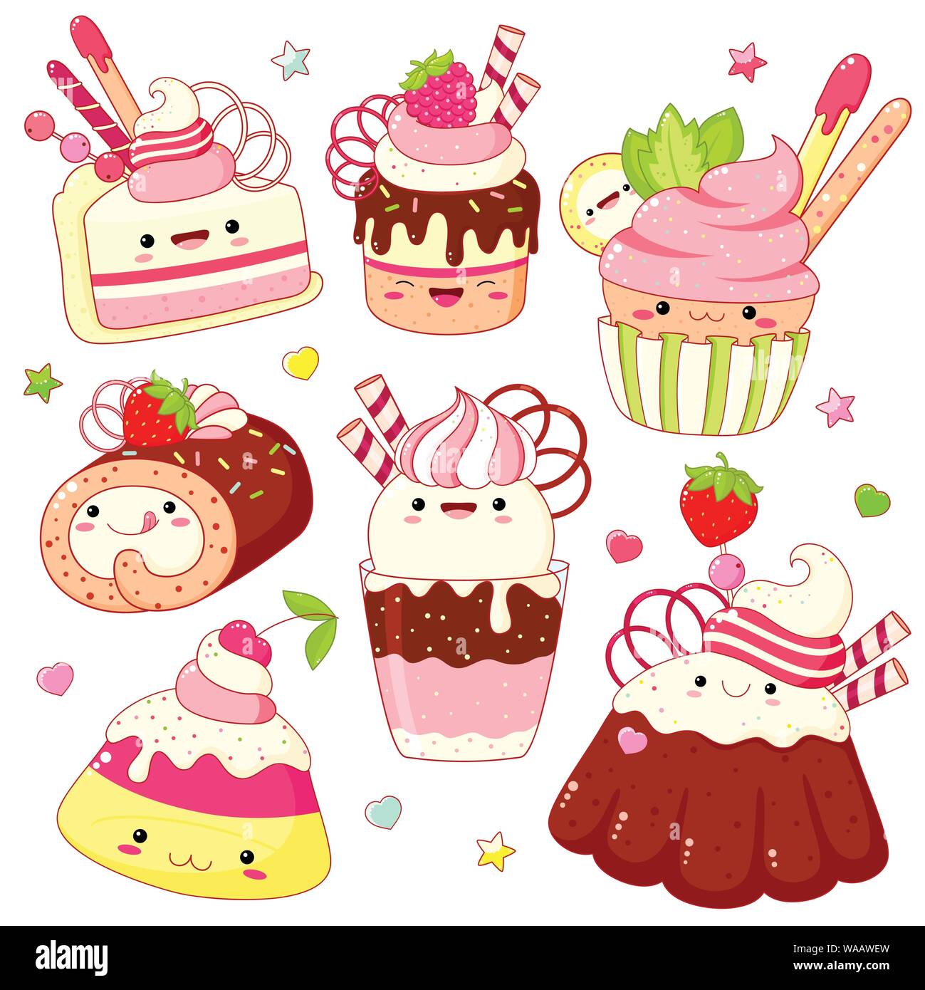 Set di carino dolce icone in stile kawaii con volto sorridente e guance rosa per il dolce design. Gelati, torte gelato, kids, tortina. EPS8 Illustrazione Vettoriale