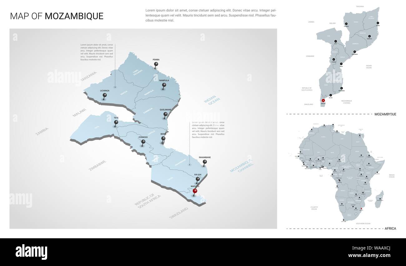 Set di vettore del Mozambico paese. Vista isometrica mappa in 3d, Mozambico mappa, mappa Africa - con regione, stato nomi e nomi di città. Illustrazione Vettoriale