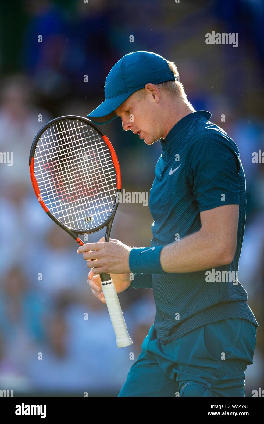 Kyle Edmund di Gran Bretagna dopo la vittoria contro Andrew Murray della Gran Bretagna. La natura internazionale di valle 2018 - Mercoledì, 27 Giugno 2018 - Devonshi Foto Stock