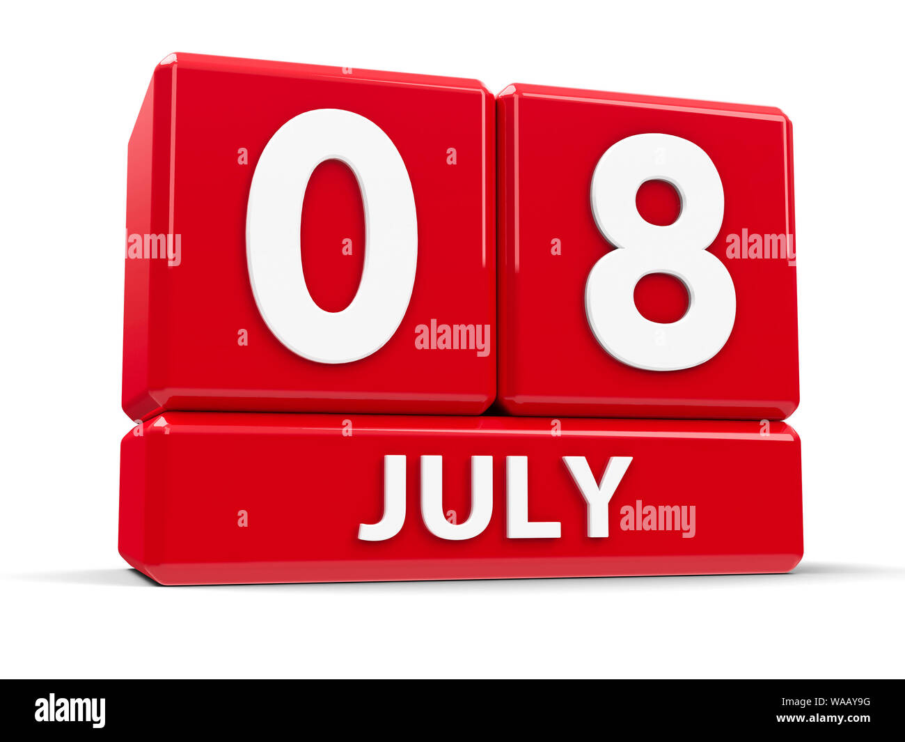 Rosso e bianco sull'icona del calendario dai cubi - l'ottavo di luglio - su un tavolo bianco, tridimensionale, rendering 3D illustrazione Foto Stock