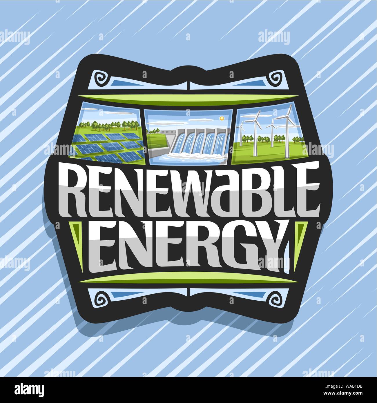 Il logo del vettore per l'energia rinnovabile, scuro badge array con pannelli solari, acqua fluente nello storage per centrali eoliche con windturbines sul campo estivo, originale f Illustrazione Vettoriale