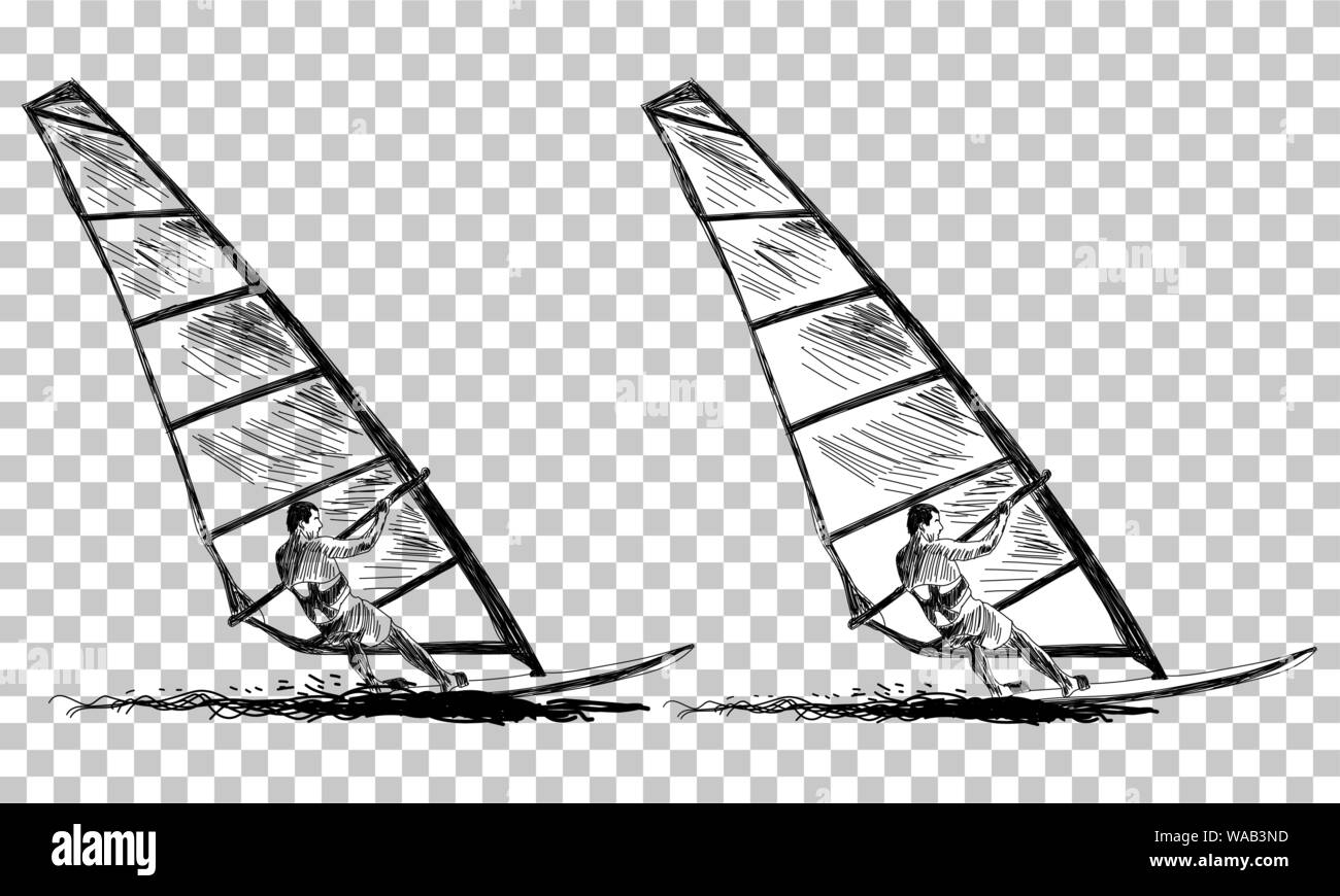 Windsurf Sketch. Trasparenza sfondo griglia Design. Illustrazione Vettoriale. Illustrazione Vettoriale