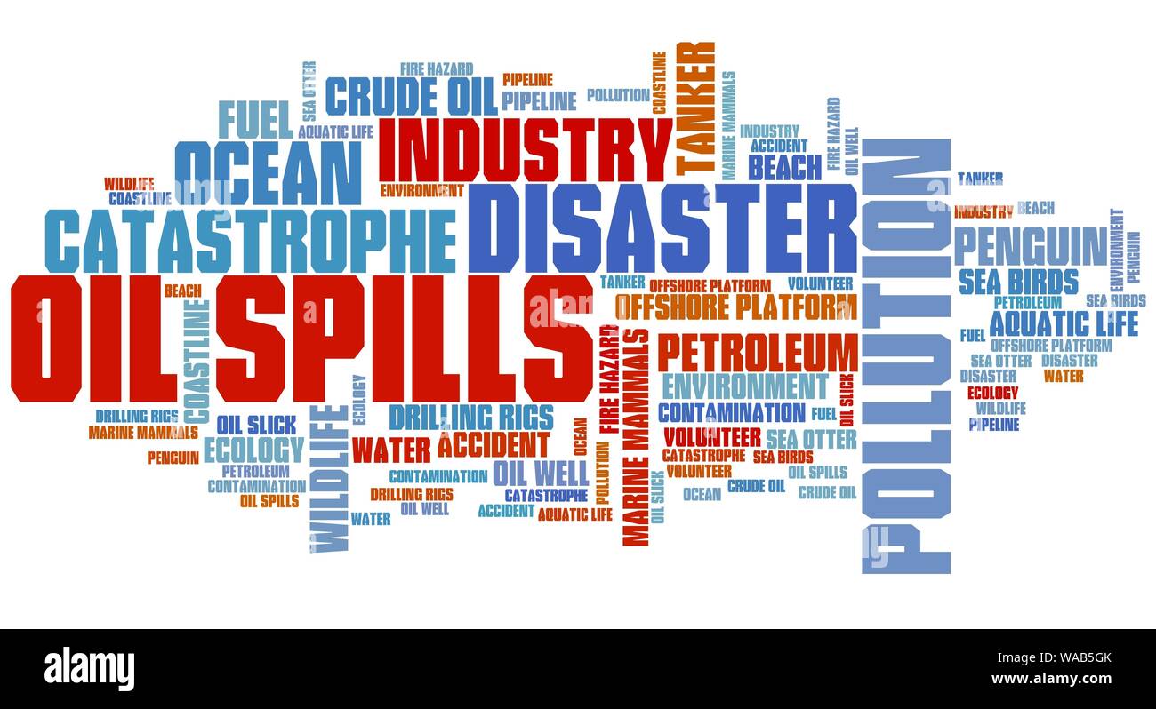 Le fuoriuscite di petrolio - questioni ambientali e concetti cloud parola illustrazione. Parola concetto di collage. Foto Stock