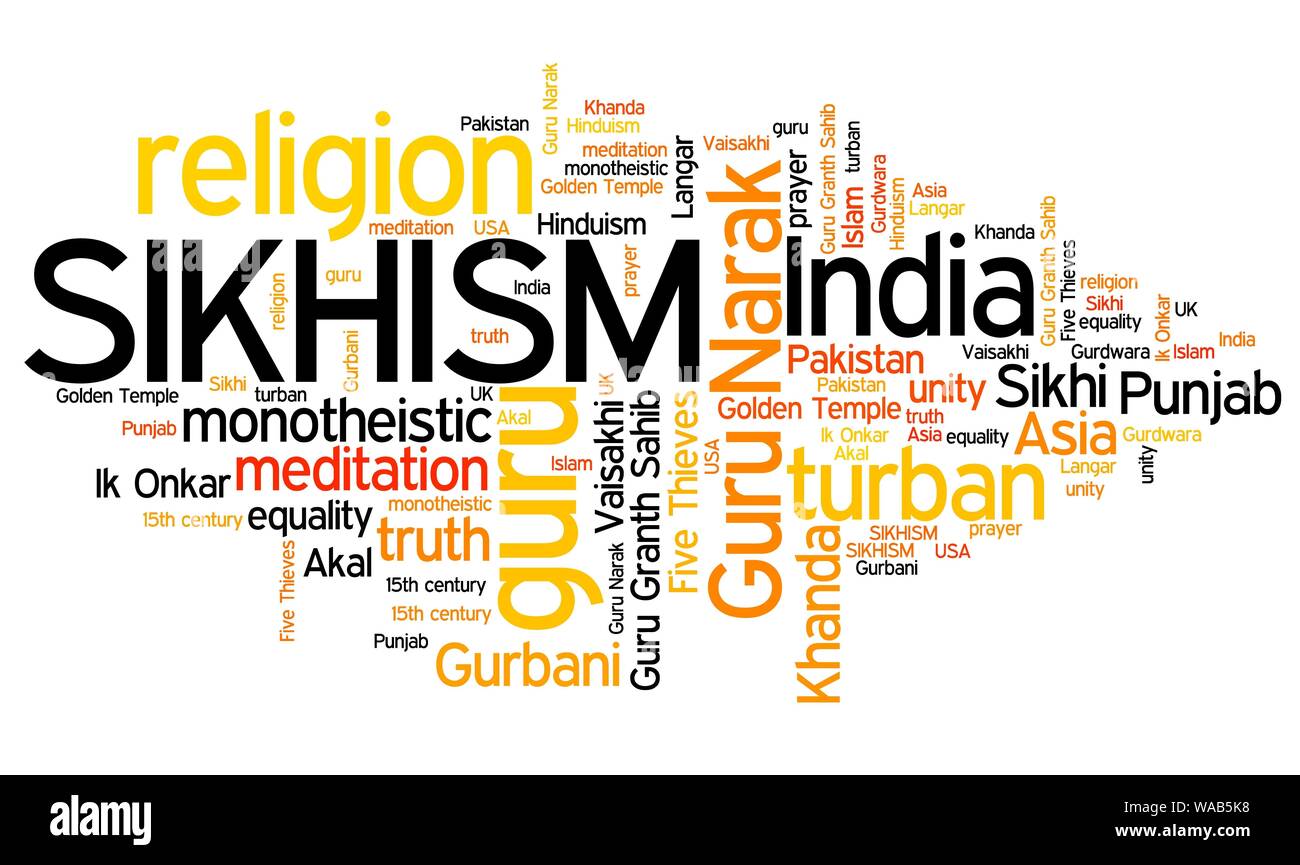 Il sikhismo - indiano di religione. La cultura asiatica. Parola segno cloud. Foto Stock