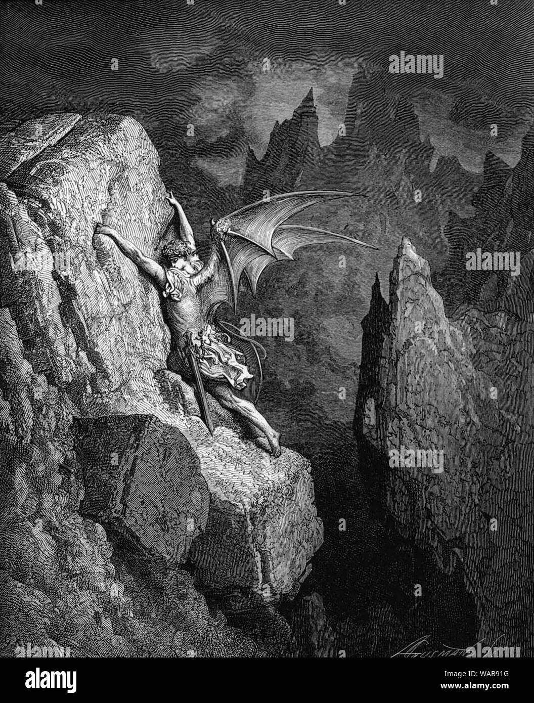 Gustave Doré Satana del volo attraverso il caos, Paradiso perduto incisione, 1866 Foto Stock