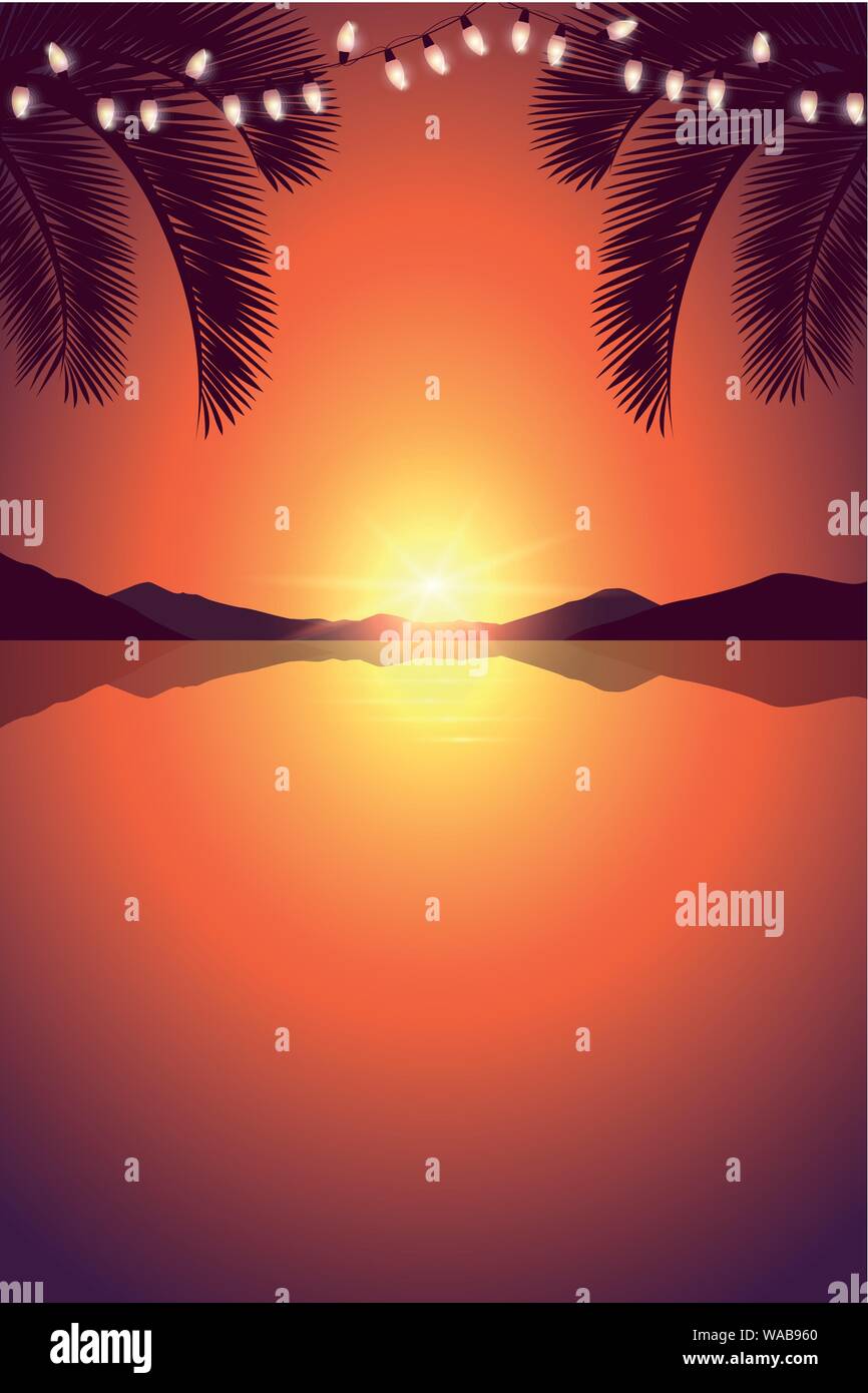 Romantico tramonto al mare con palme e fata luminosa illustrazione vettoriale EPS10 Illustrazione Vettoriale