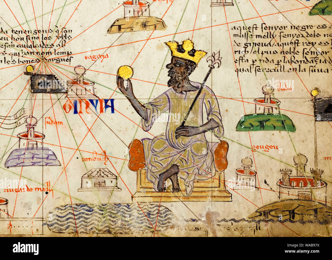 Mansa Musa, (1280-1337), seduta su un trono, e in possesso di una moneta in oro, Mappa, 1375 Foto Stock