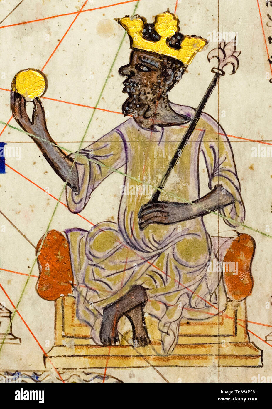 Mansa Musa, (1280-1337), seduta su un trono, e in possesso di una moneta in oro, disegno, 1375 Foto Stock