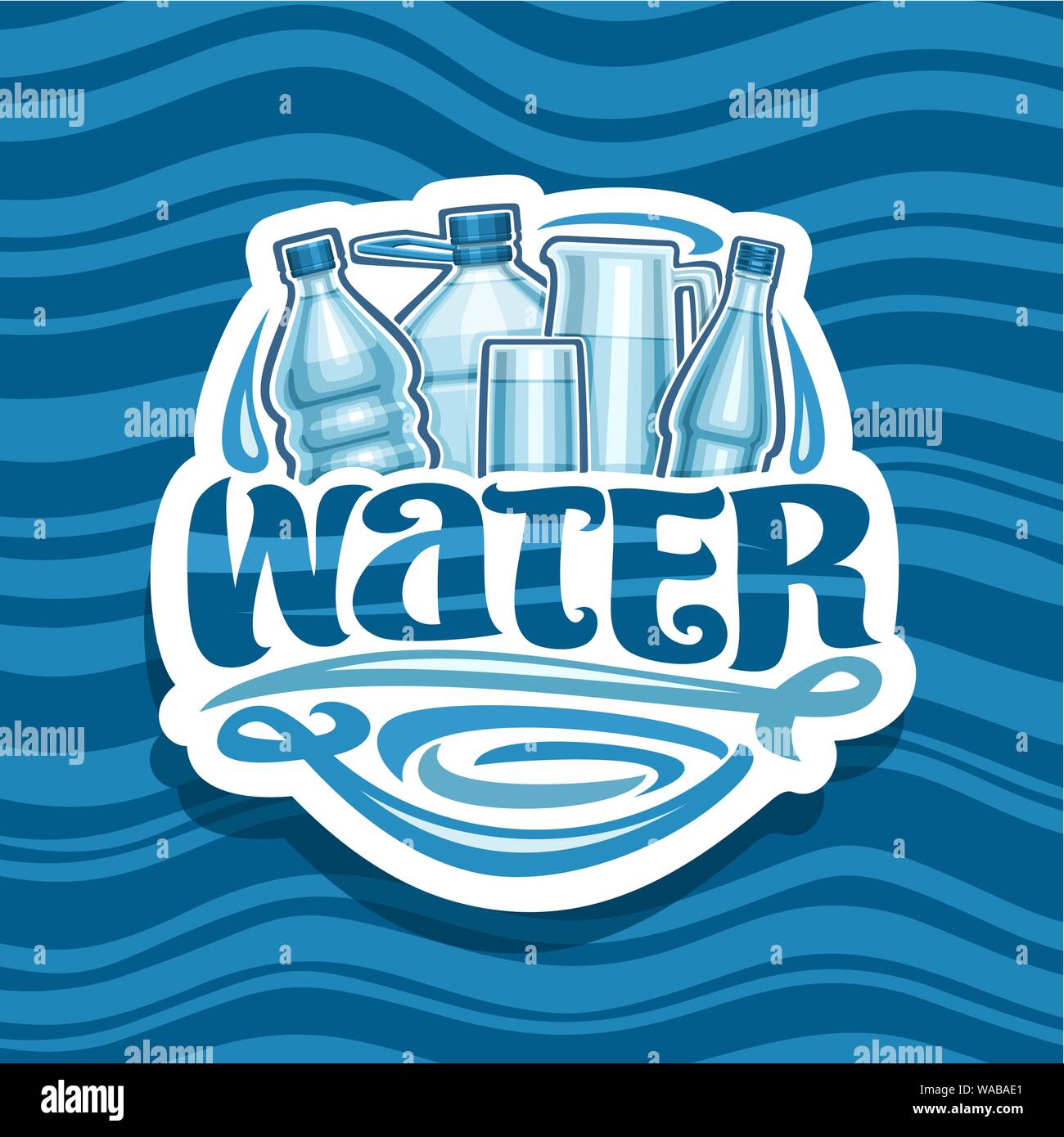 Il logo del vettore per l'acqua potabile, il taglio della carta icona con diverse bottiglie di vetro e di plastica, full cup e la brocca trasparente, spazzola originale carattere tipografico per wor Illustrazione Vettoriale