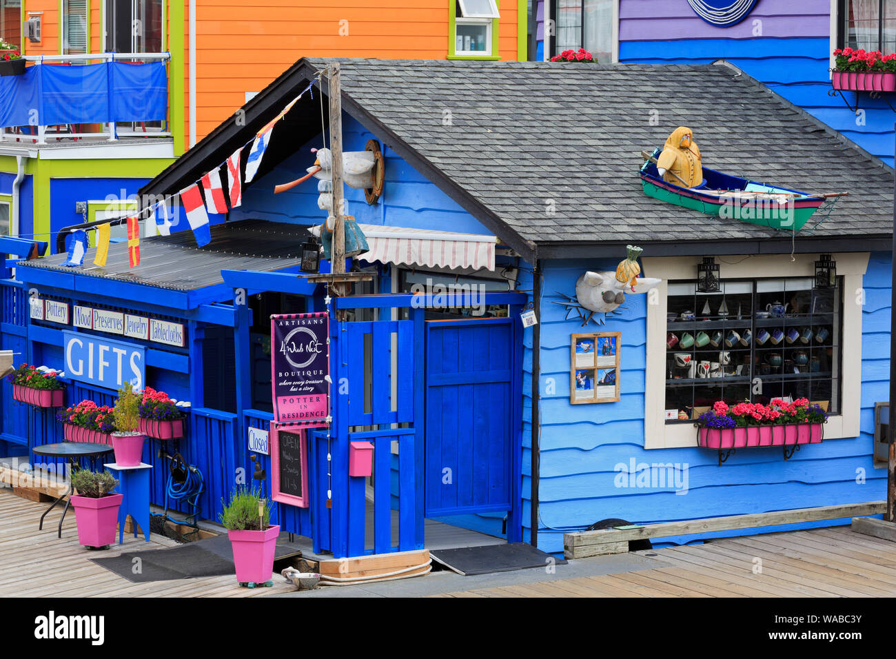 Store, Fisherman's Wharf, Victoria, Isola di Vancouver, British Columbia, Stati Uniti d'America Foto Stock