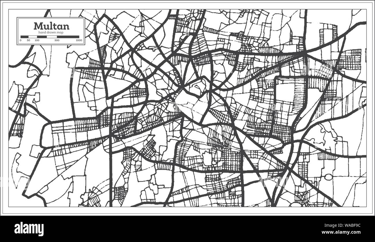 Multan Pakistan Mappa della città in stile retrò in bianco e nero e a colori. Mappa di contorno. Illustrazione Vettoriale. Illustrazione Vettoriale
