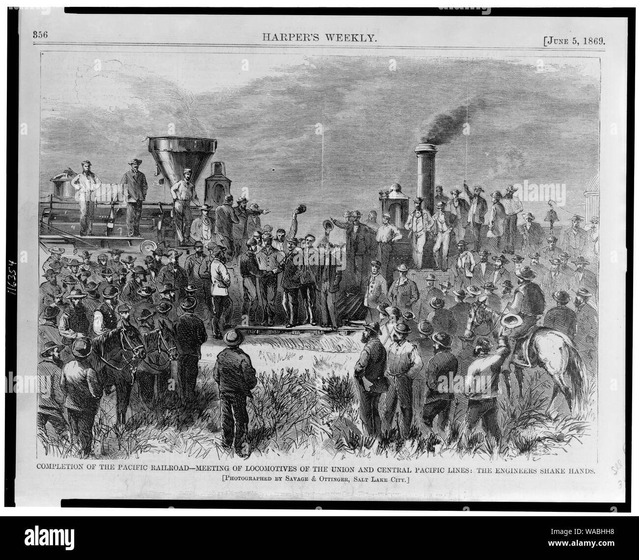 Il completamento della Pacific Railroad - incontro di locomotori dell' Unione e del Pacifico Centrale linee: gli ingegneri agitare le mani Foto Stock