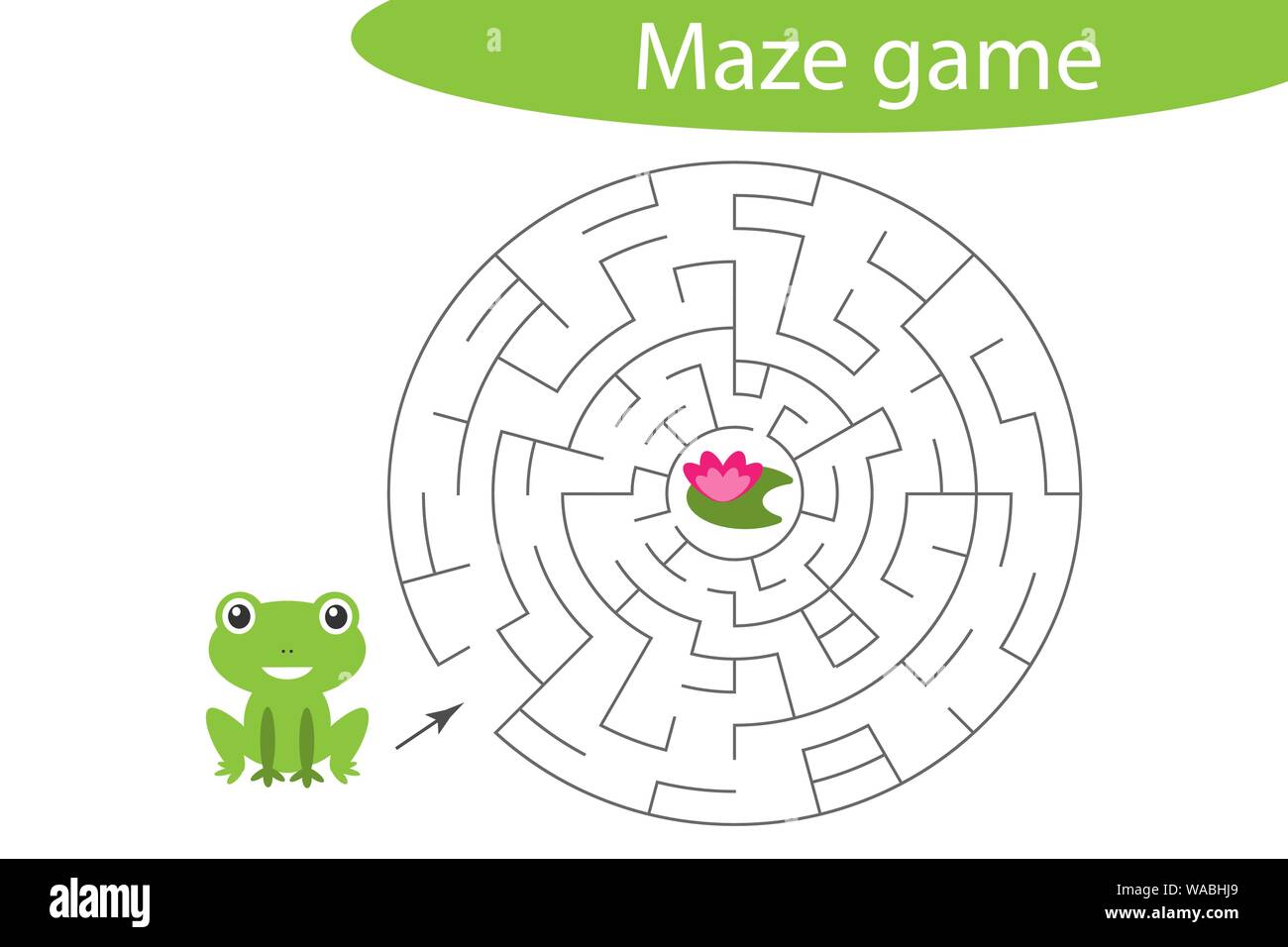 Gioco labirinto, guida la rana carino per trovare una via d'uscita dal labirinto, il simpatico personaggio dei fumetti, foglio di lavoro in età prescolare attività per bambini, compito per la Illustrazione Vettoriale