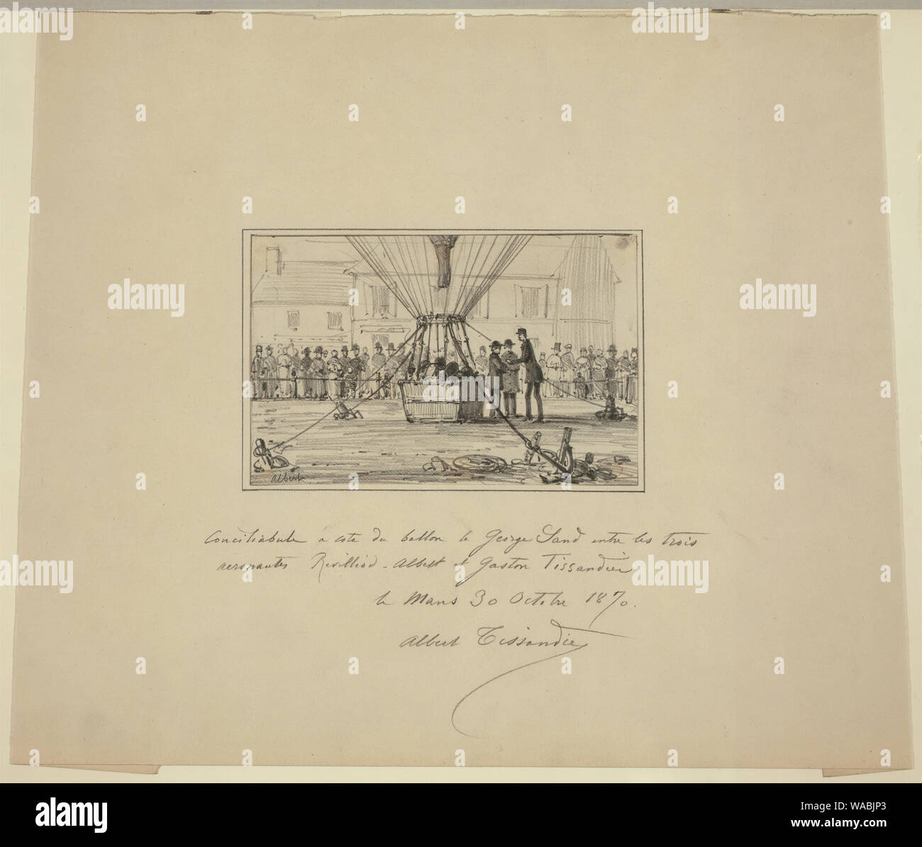 Conciliabule una cote du ballon, le George Sand, entre bis trois aeronautes Revilliod, Albert, et Gaston Tissandier le Mans, 30 octobre 1870; disegno mostra balloonists francese J. de Revilliod e Albert e Gaston Tissandier permanente al diritto del cestello del palloncino George Sand, il quale è collegato a Le Mans, Francia, durante l'Assedio di Parigi. (Fonte: A.G. Renstrom, LC personale, 1981-1982) Foto Stock