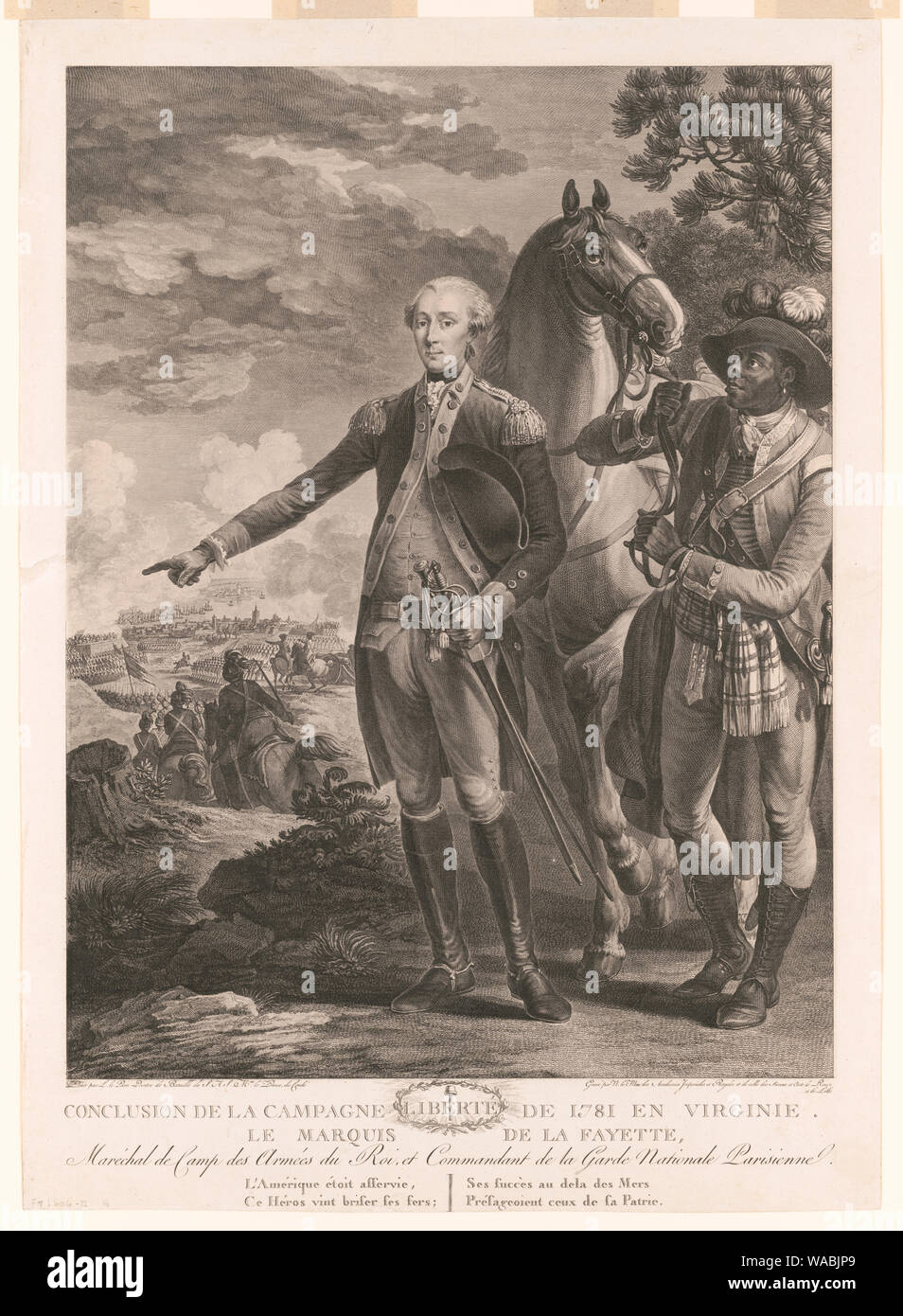 Conclusione de la campagne de 1781 en Virginie. Le Marquis de la Fayette Abstract: stampa mostra il marchese de Lafayette, ritratto a figura intera, in piedi, rivolto verso la parte anteriore, usura uniforme e trattenere due spade nella mano sinistra mentre dirigere i soldati americani durante la battaglia di Yorktown; un soldato nero mantiene il suo cavallo dietro di lui sulla destra. Foto Stock