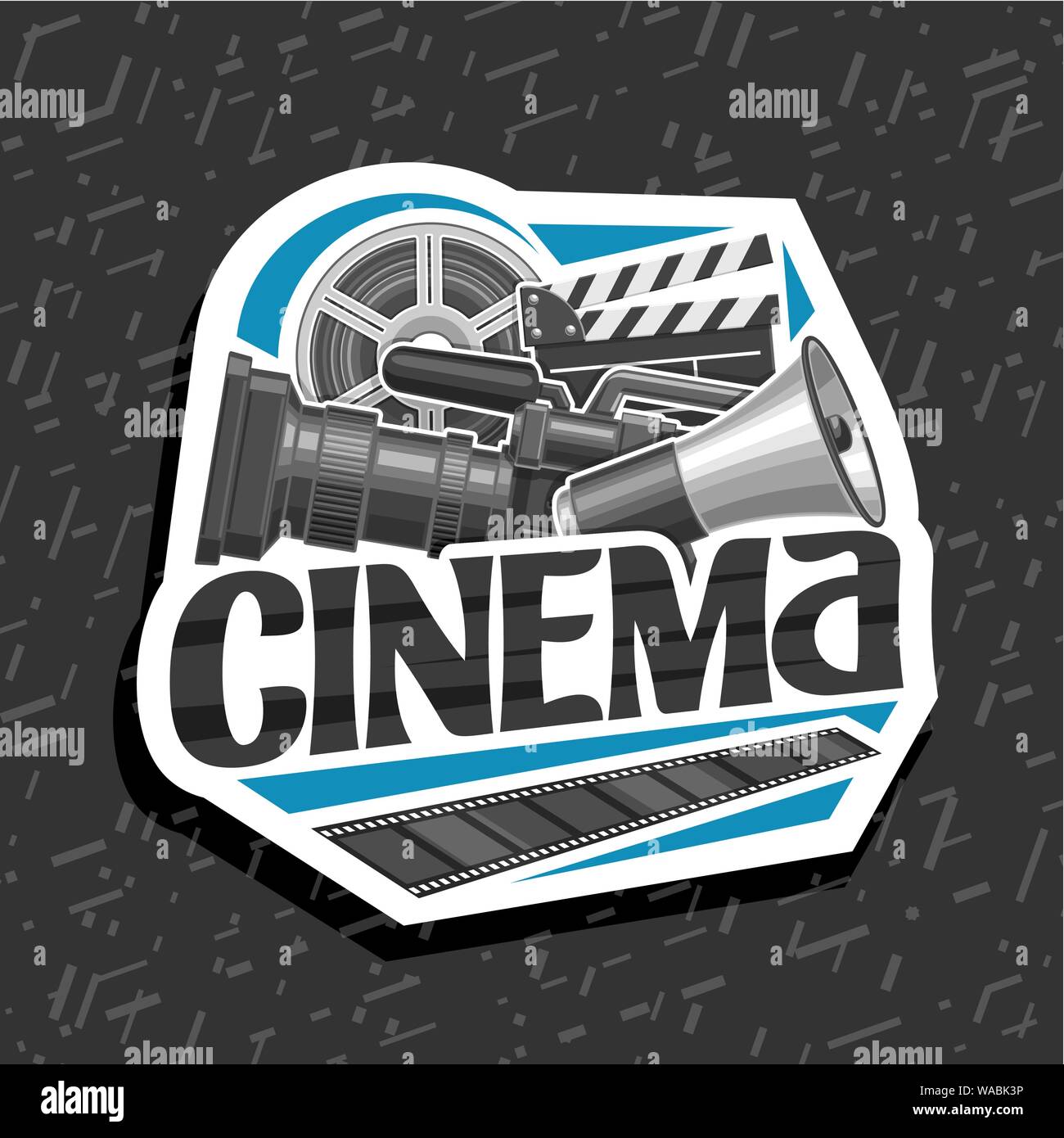 Il logo del vettore per il cinema, bianco tag decorativo con pellicola professionale attrezzature e parlando tromba, originali scritte per il cinema di parola, illustrazione o Illustrazione Vettoriale
