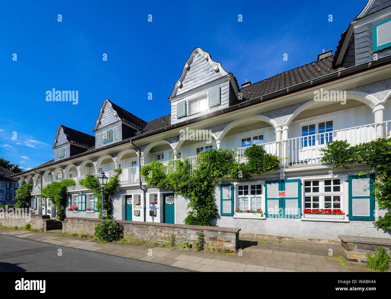Essen, la zona della Ruhr, Renania settentrionale-Vestfalia, Germania - Margarethenhoehe insediamento è considerato il primo tedesco di città giardino, 115 ettari di insediamento Foto Stock