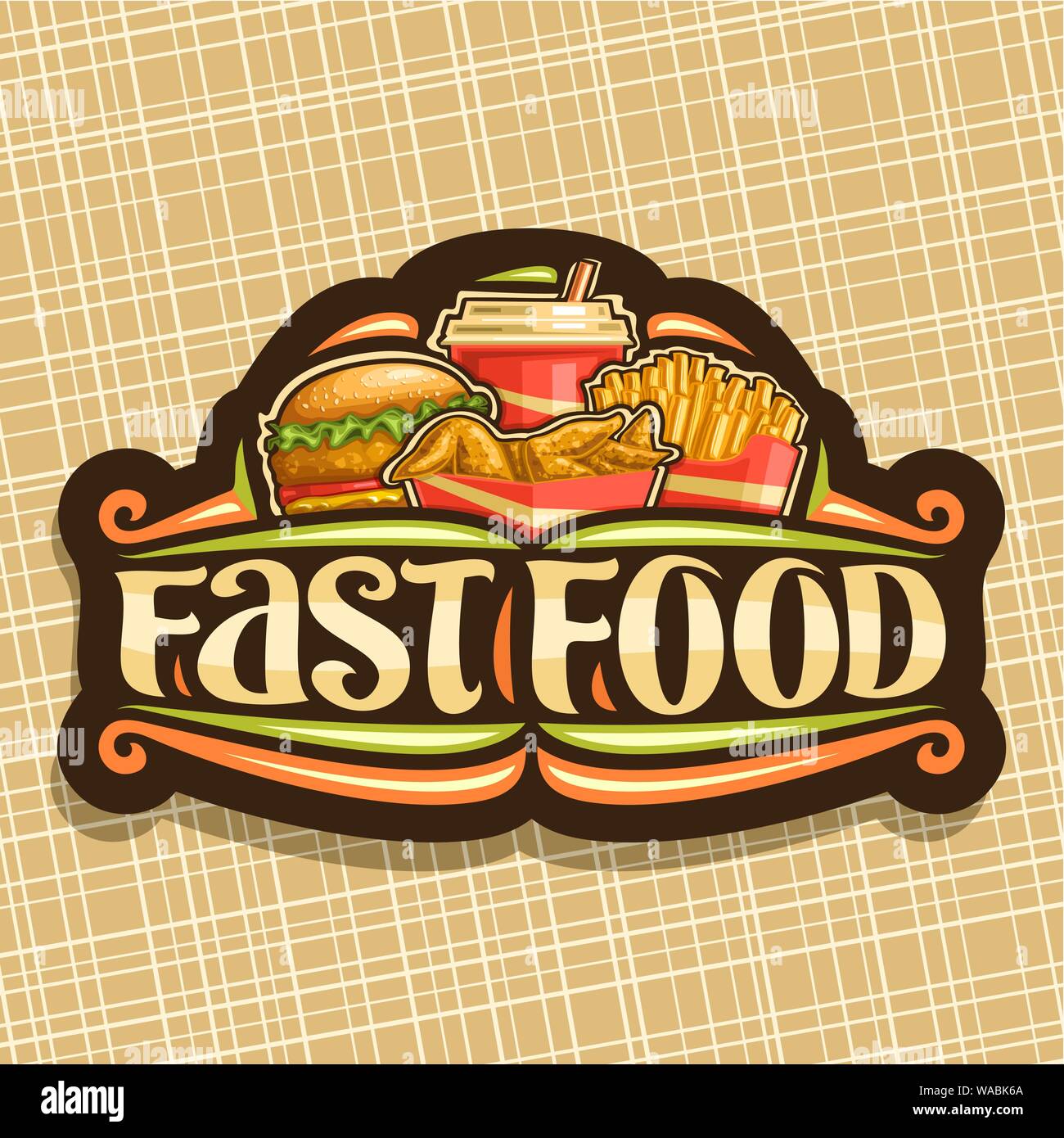 Il logo del vettore per il Fast Food, cartello con set di chickenburger fresco con fried cotoletta e insalata, ali di pollo e patatine fritte in una scatola di cartone, frizzanti Illustrazione Vettoriale
