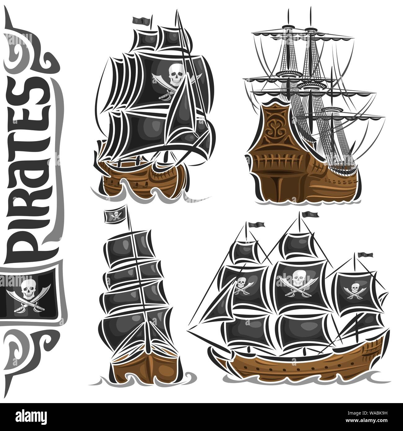 Set di vettore di varietà navi pirata, raccolta di isolato vintage trasporti marini, tagliati fuori disegno illustrazione dei velisti retrò, scritte per parola Illustrazione Vettoriale