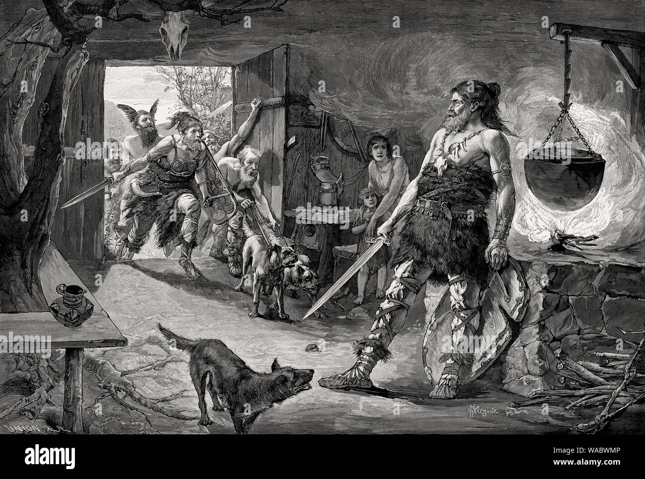 Attacco su una casa germanica, alto medioevo, grande migrazione Foto Stock