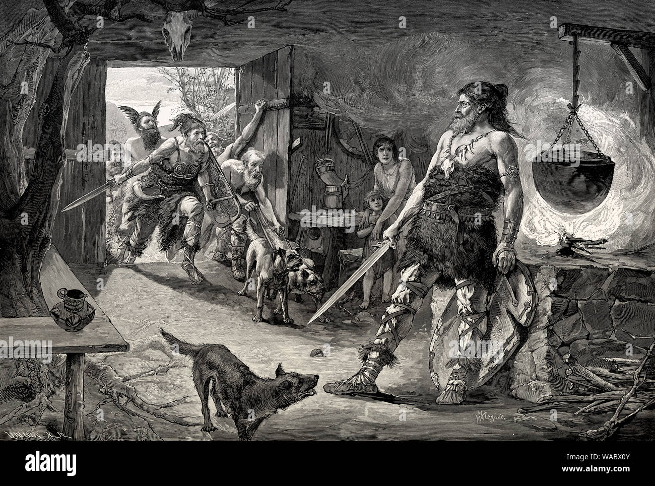 Attacco su una casa germanica, alto medioevo, grande migrazione Foto Stock