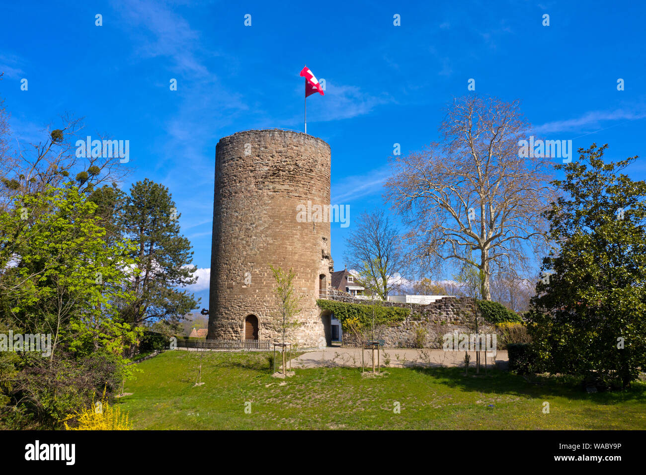 Round medievale torre di avvistamento, Hermance, cantone di Ginevra, Svizzera Foto Stock