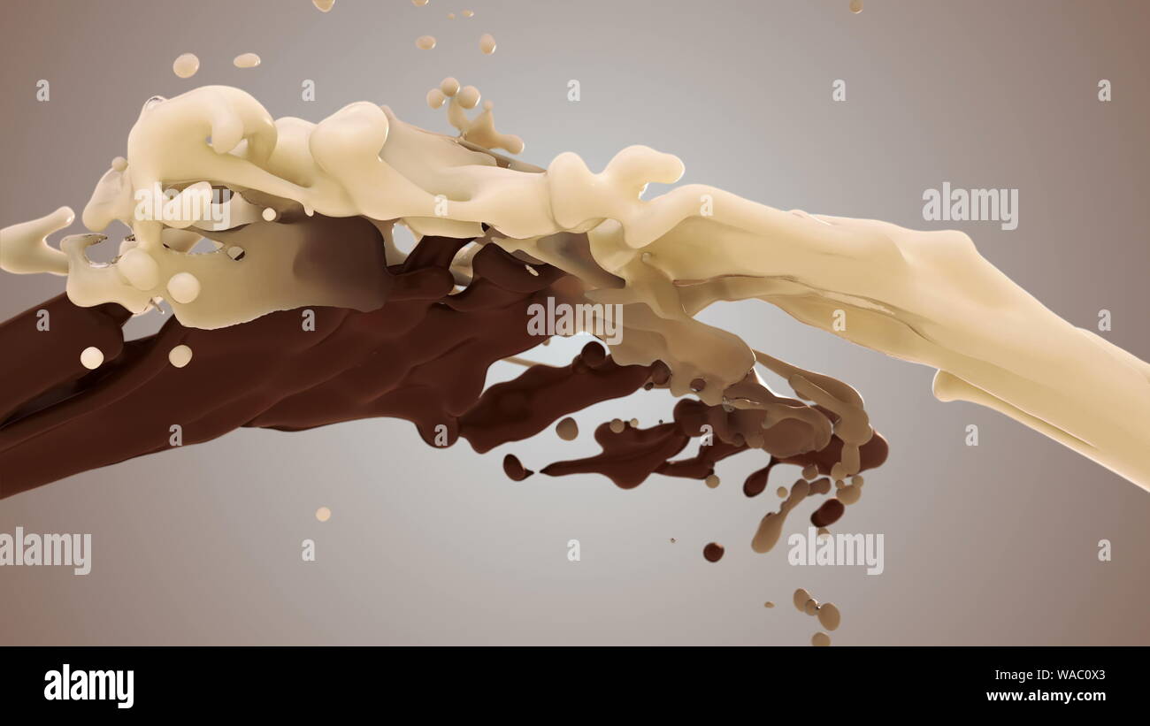 Il latte e la cioccolata splash in slow motion. 3D illustrazione di marrone e bianco panna liquida scende splash isolati su grigio. 4K di un bianco luminoso e buio des Foto Stock