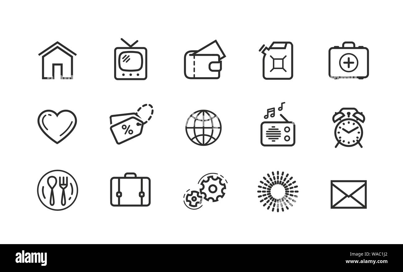 Linea di set di icone. Vettore di raccolta di contorno nero logo per le applicazioni mobili o web site design Illustrazione Vettoriale