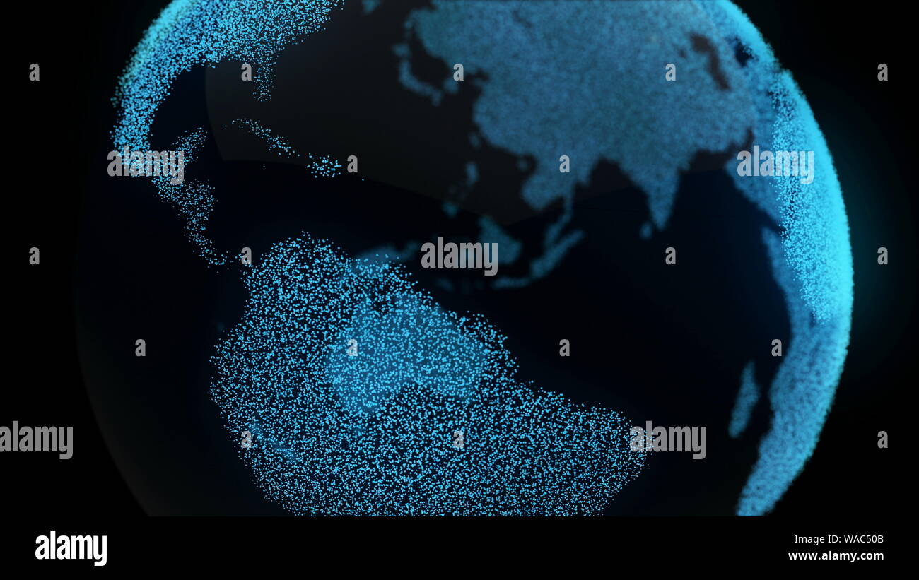 Messa a terra digitale del movimento dello zoom della mappa nel concetto di business. Spin pianeta paesaggio Close up Global sfondo nero, la tecnologia del futuro. La scienza di viaggio di esplorazione universo Concetto 3D Rendering animazione Foto Stock