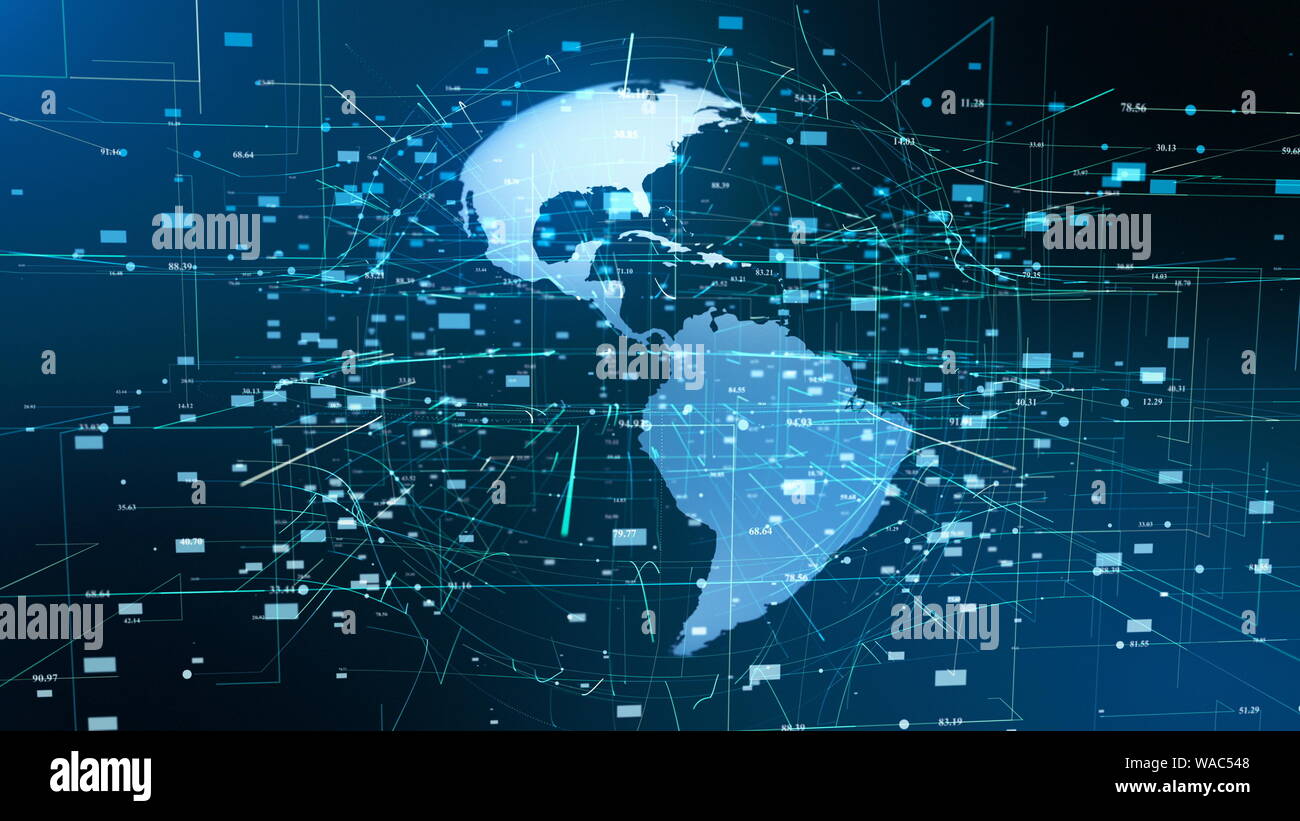 Messa a terra del movimento delle particelle Global Business concetto. Ologramma digitale ciberspazio futuristico emettono i punti della griglia di rete. Shine pianeta paesaggio Mappa continenti Abstact superficie passante 3D Rendering animazione Foto Stock