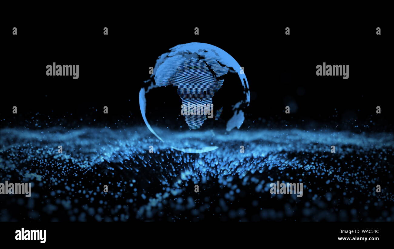 Animazione 3d di blue isolato pianeta Terra globo rotante modello su lampeggiante di piccole unità di informazione in uno sfondo scuro. Grafico di movimento. Mondo digitalizzato e oceano blu il concetto di strategia. Dati di grandi dimensioni. Foto Stock