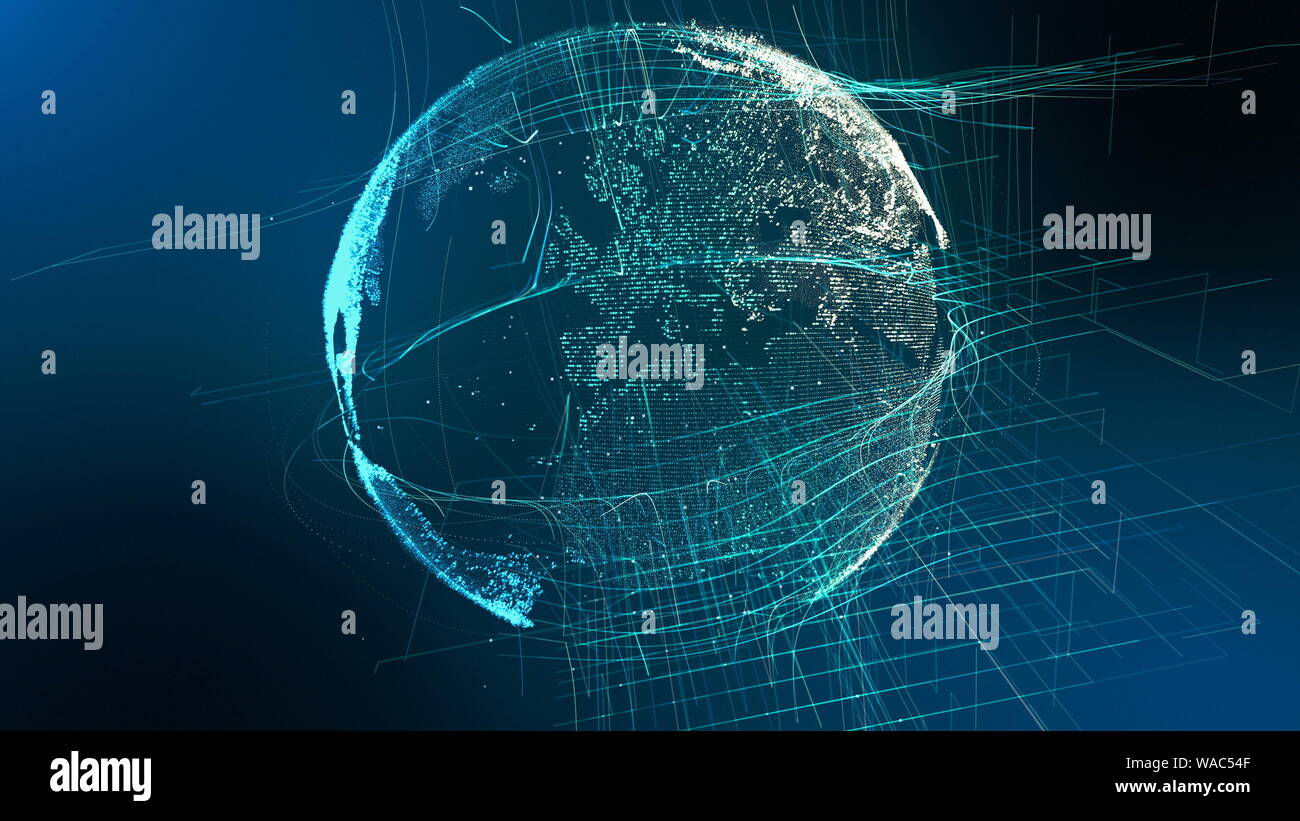 Particella di movimento terra Digital Globe Cyber concetto. Planet Network dati astratto mondo Mappa Business Background. Universo collegamento paesaggio paesaggio esterno di esplorazione spaziale 3D Rendering animazione Foto Stock