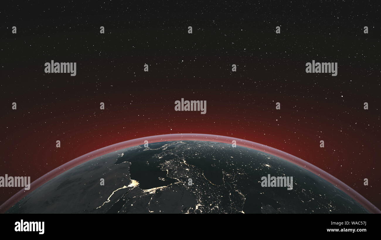 La terra ruota orbita pianeta Skyline sfondo stellato. Celeste costellazione interstellare Spin mappa del mondo Deep Space Exploration concetto animazione 3D Foto Stock