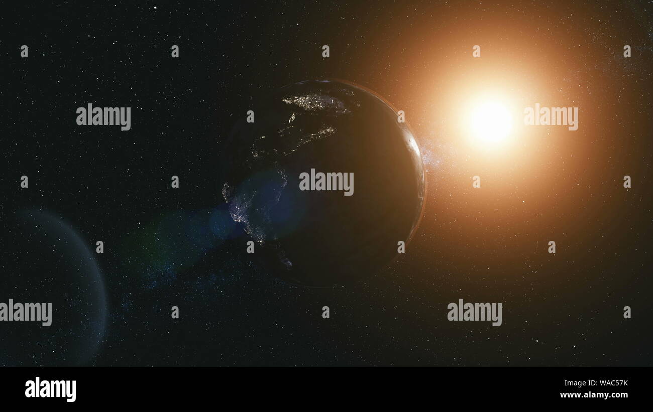 Ruotare il pianeta Terra Zoom In Fascio di Sun si illuminano. Galaxy celesti costellazione COSMO nebulosa profondo di sfondo Spazio Aperto Concetto di viaggio animazione 3D Foto Stock