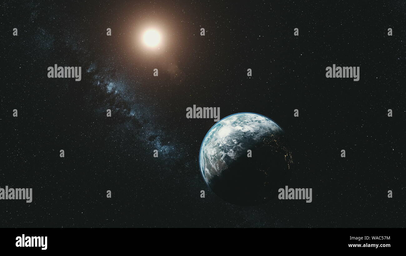 Orbita della terra la rotazione del fascio di Sole Via Lattea sfondo. Dark lo spazio esterno stellato Cosmo Galaxy costellazione universo di viaggio il concetto di esplorazione di animazione 3D Foto Stock