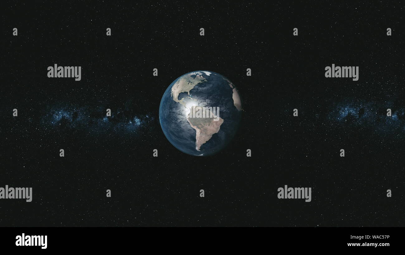 Spin orbita terrestre Meteor candelette di sfondo stellato. Pianeta moto veloce universo costellazione Celeste Mappa del mondo Deep Space Exploration concetto animazione 3D Foto Stock