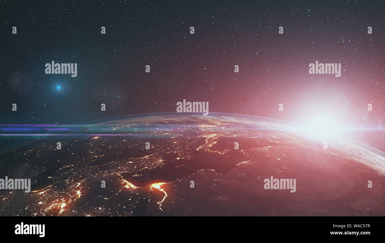 Ruotare epica terra vicino la superficie di sfondo a stella. Sun Beam Glow celeste spazio esterno universo profondo concetto di esplorazione di animazione 3D Foto Stock