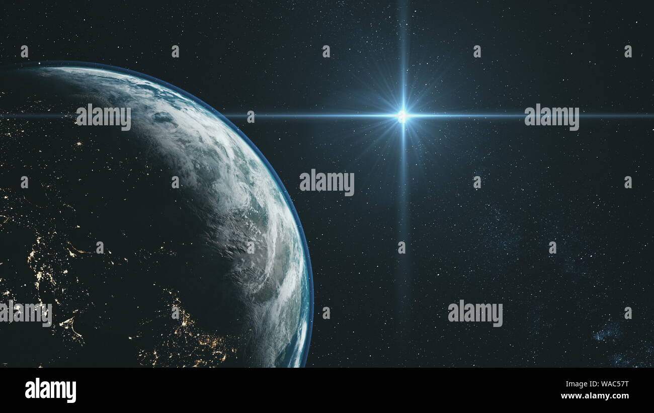 Spin Planet Earth Orbit Flare Star fulgore dello spazio. Globo cosmico mappa Mondo vista satellitare Galaxy viaggio navigazione universo Concetto di esplorazione di animazione 3D Foto Stock