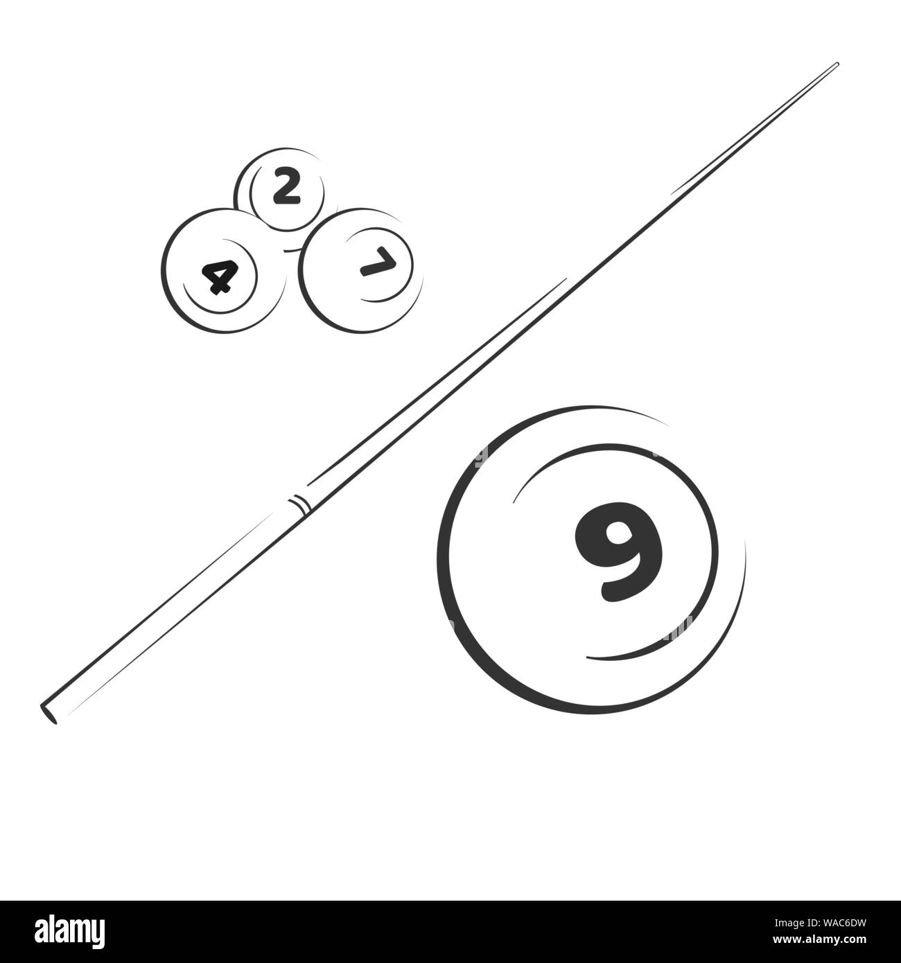 Biliardo biliardo palle di elementi con numeri e bastoni. Bianco e nero illustrazione vettoriale impostato Illustrazione Vettoriale