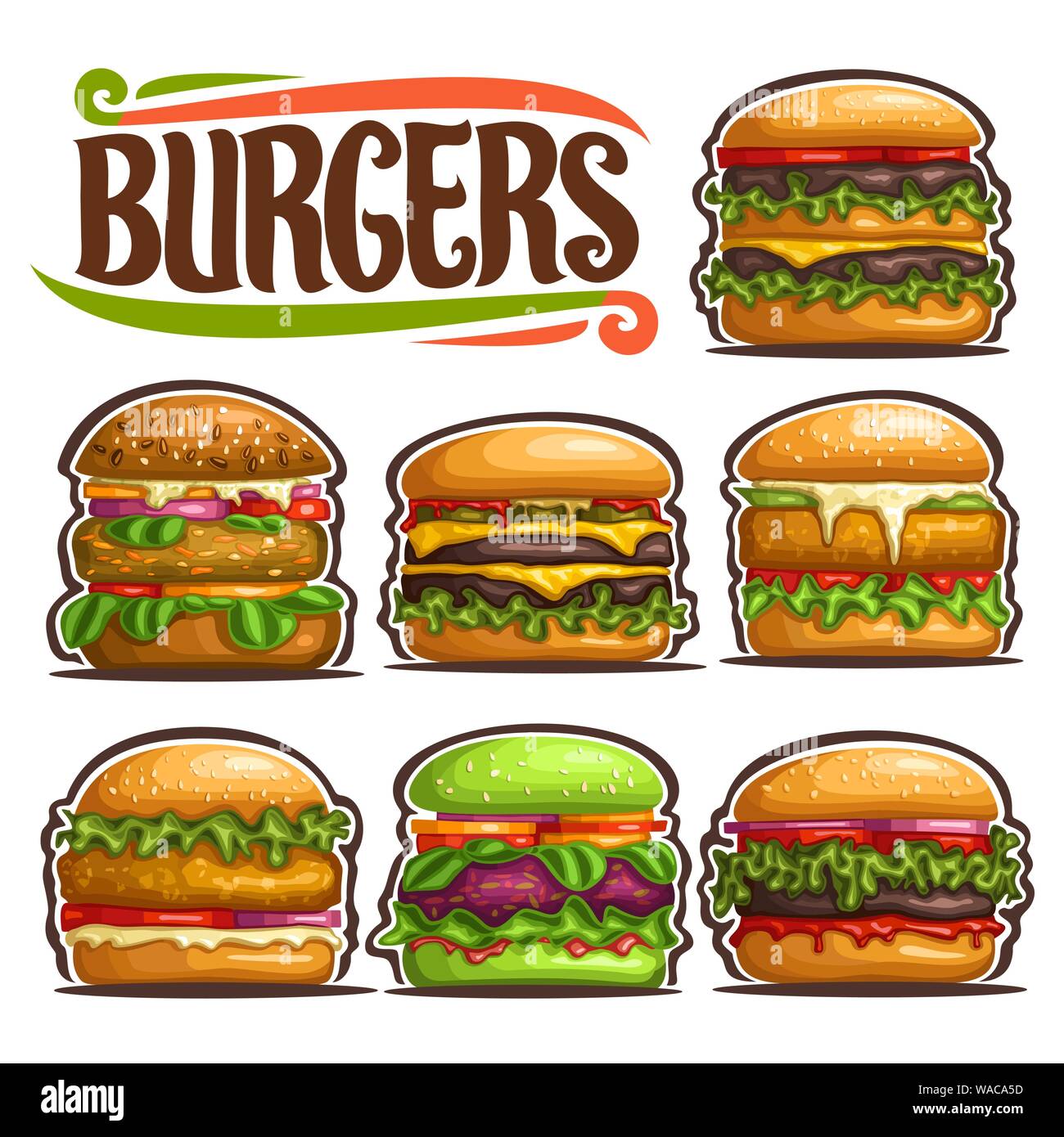 Set di vettore di hamburger freschi, 7 tagliare le illustrazioni di diversi gourmet hamburger con vari pane e cotolette, raccolta di classici yummy burge Illustrazione Vettoriale