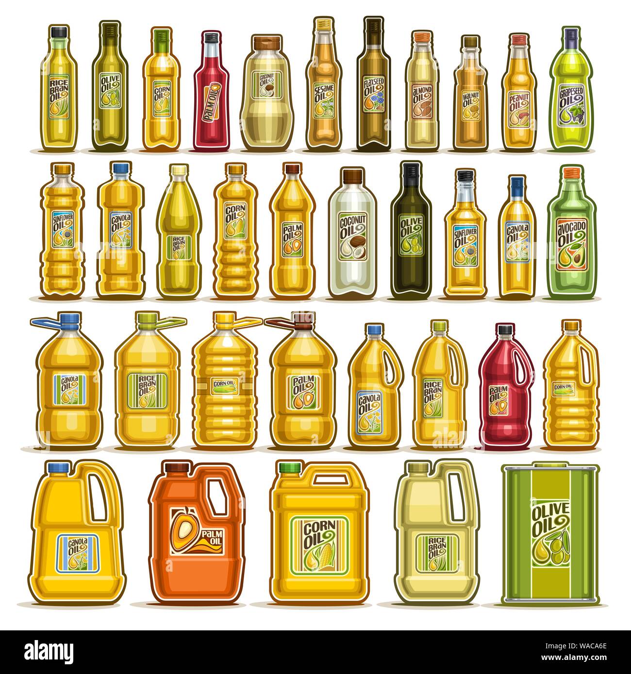 Set di vettore di olio da cucina in bottiglie, 34 tagliato fuori illustrazione di contenitori con raffinato prodotto oleoso con etichetta, il vasetto di vetro con giallo vergine colest Illustrazione Vettoriale