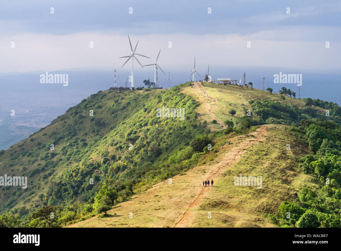 Ngong Hills Riserva Naturale con sentieri escursionistici e impianto eolico turbine in background, Kenya Foto Stock