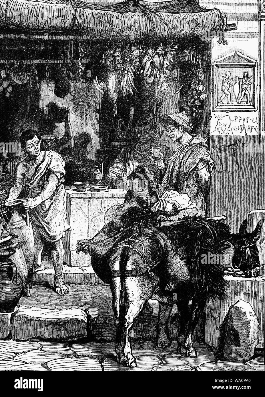 Una scena di strada a Pompei, antica città romana nei pressi di Napoli moderno nella regione Campania d'Italia. Pompei, insieme a Ercolano e molte ville della zona circostante è stato sepolto sotto 4 a 6 m (13 a 20 ft) di ceneri vulcaniche e pomice in eruzione del Vesuvio nel 79 D.C.. Foto Stock