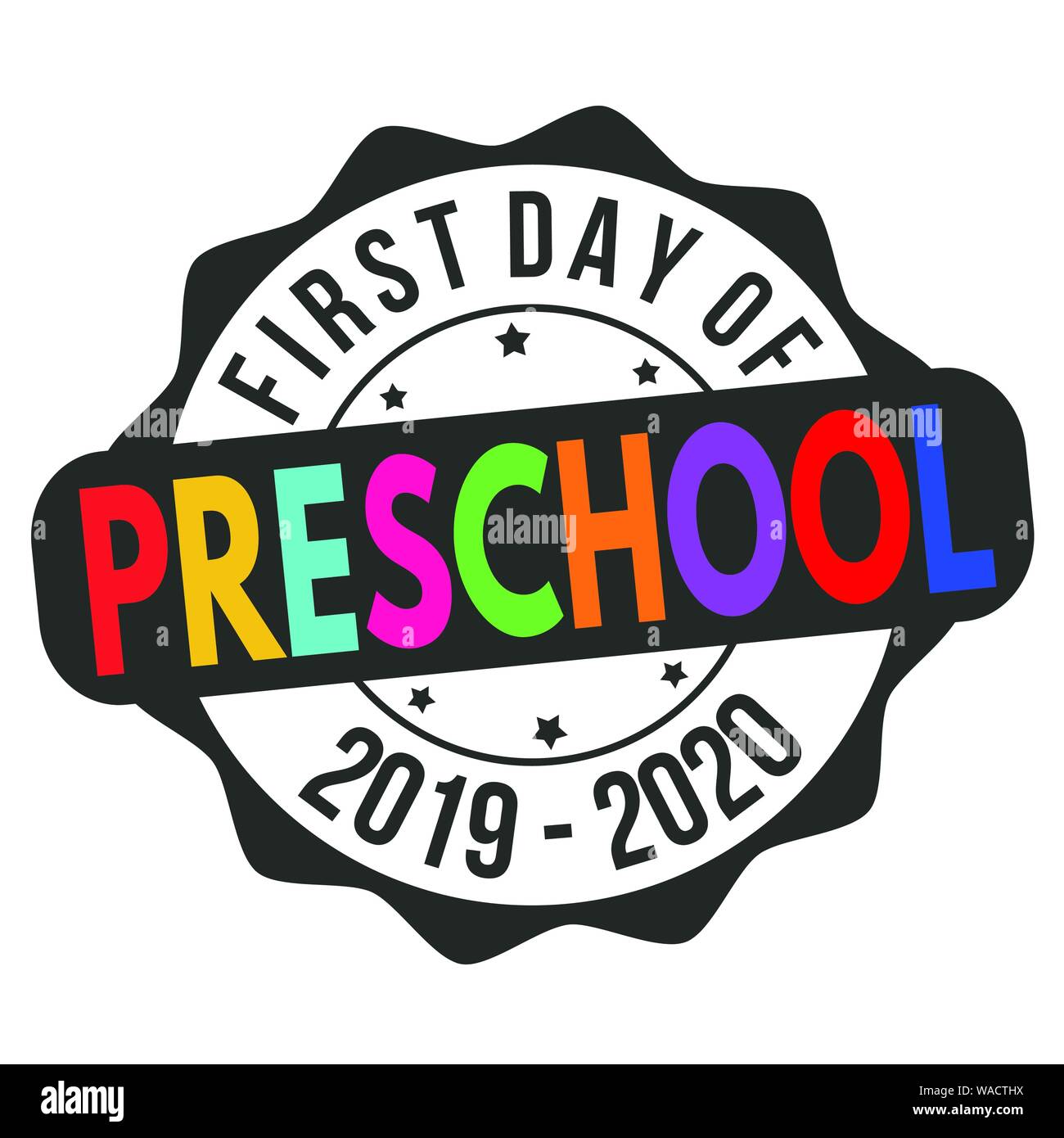 Primo giorno di scuola materna etichetta o un adesivo su sfondo bianco, illustrazione vettoriale Illustrazione Vettoriale