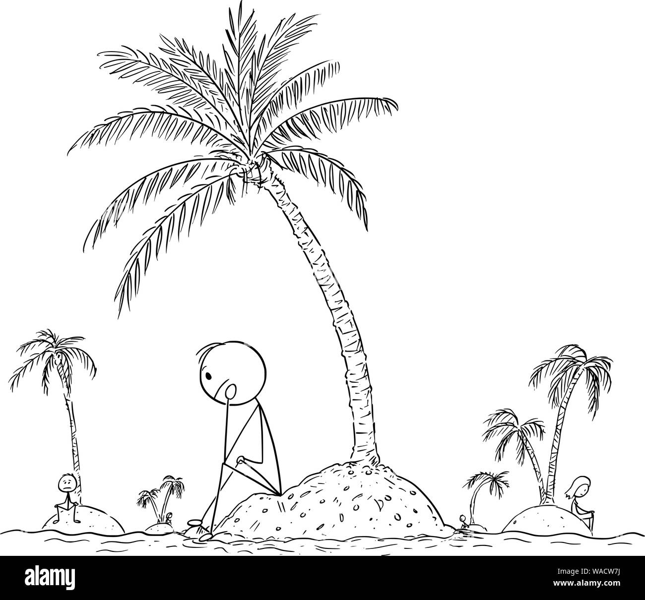 Vector cartoon stick figura disegno illustrazione concettuale di persone sole che vivono da soli su piccole isole, senza amici o la società umana. Concetto di solitudine. Illustrazione Vettoriale